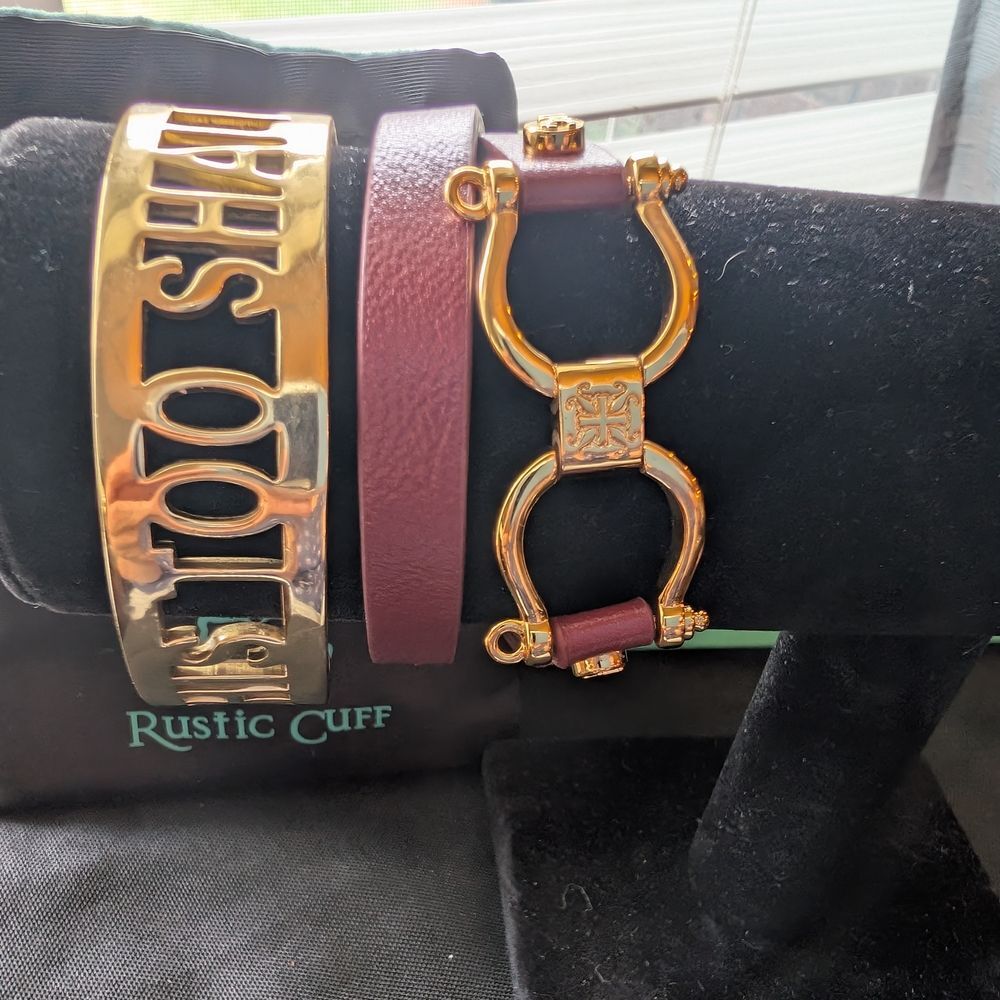 Rustic Cuff Burgundy and Gold Leather Bracelet Set, "This Too Shall Pass"